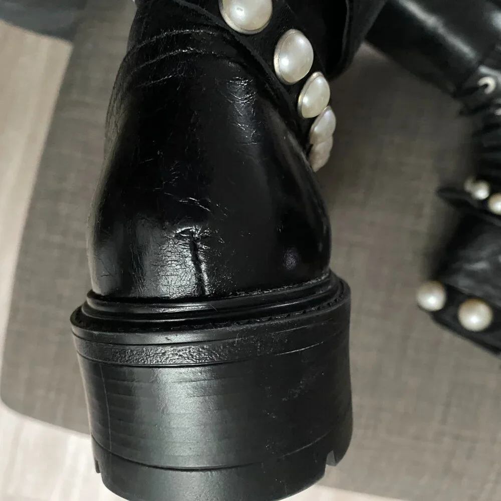 Zara Black Leather Pearl Studded Straps Lace Up Combat Goth Y2K Military Boots 9